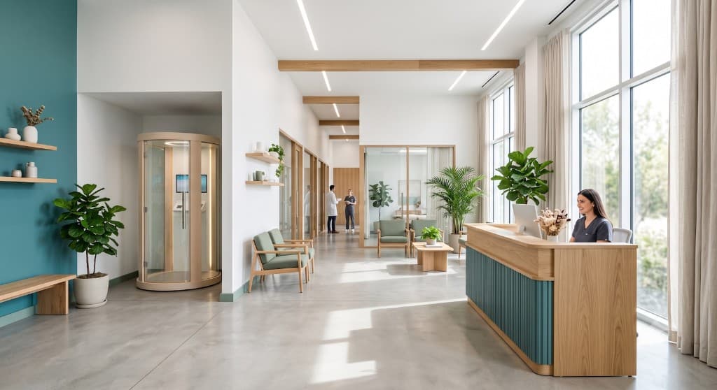 Bright clinic lobby with reception desk and seating at Oak & Sage Wellness Center