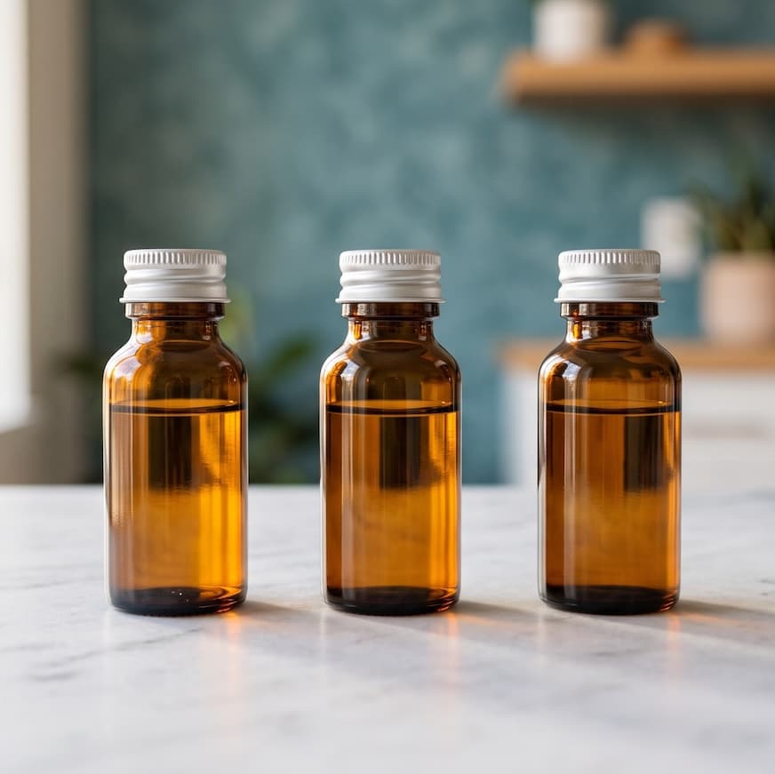 Amber peptide serum vials on marble at Oak & Sage Wellness Center