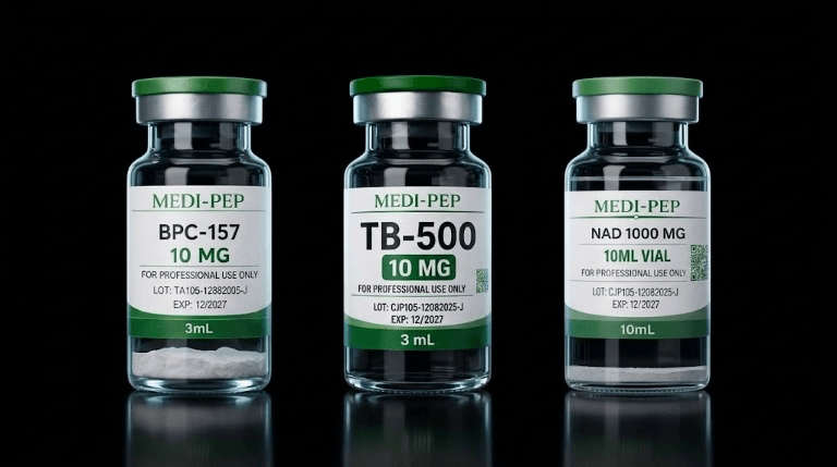 Medi-Pep research vials — BPC-157, TB-500, and NAD — on a dark studio surface