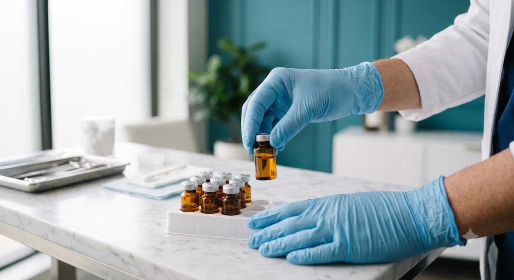 Clinician preparing amber peptide vials at Oak & Sage Wellness Center
