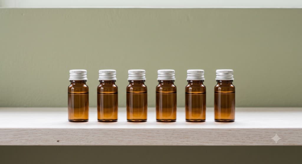 Amber peptide vials lined on a wood shelf at Oak & Sage Wellness Center
